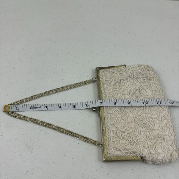 Vtg Mister Ernest Handbag Purse Clutch White Beaded Gold Clasp Gold Chain Prom - Picture 13 of 16